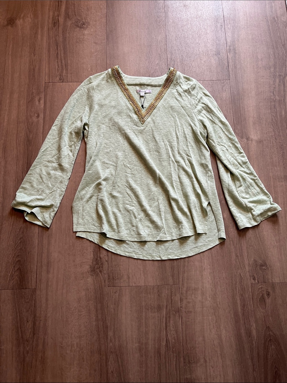 Chico's Light Sage V‑Neck Tunic with Beaded Trim